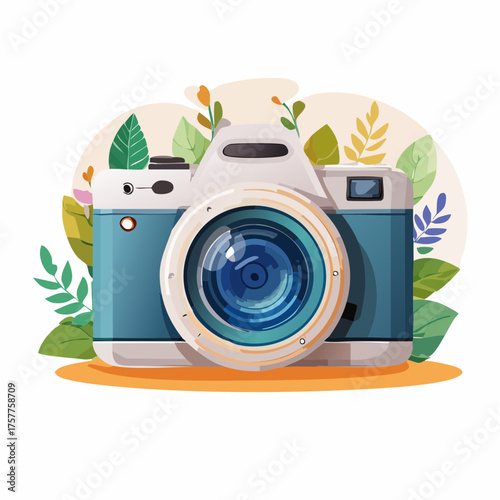 Vintage camera with green leaves and colorful plants