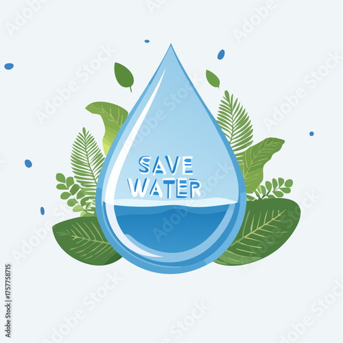 Save water drop concept with green leaves
