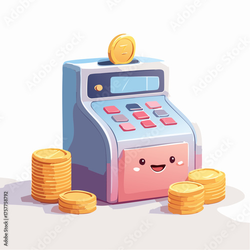 Cash register with coins and happy face with transparent background