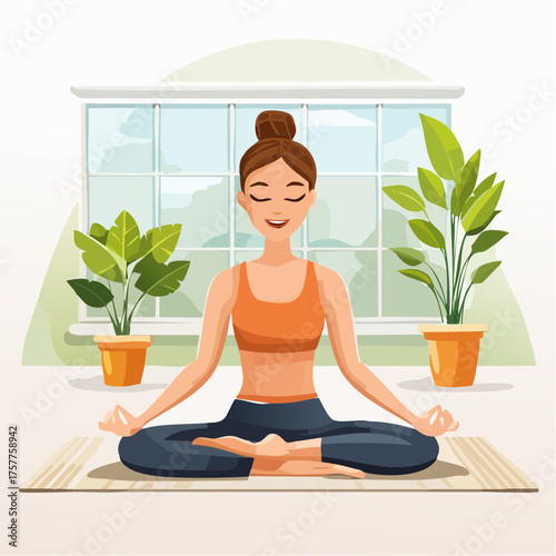 Woman meditating in lotus position at home