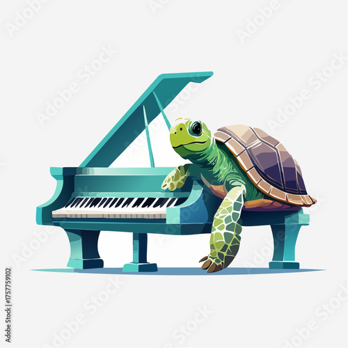 Green turtle playing grand piano with transparent background