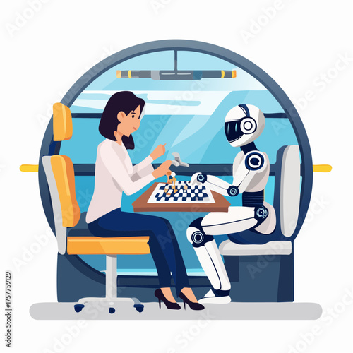 Woman and robot playing chess with transparent background
