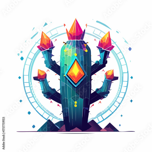 Geometric crystal cactus plant with transparent background