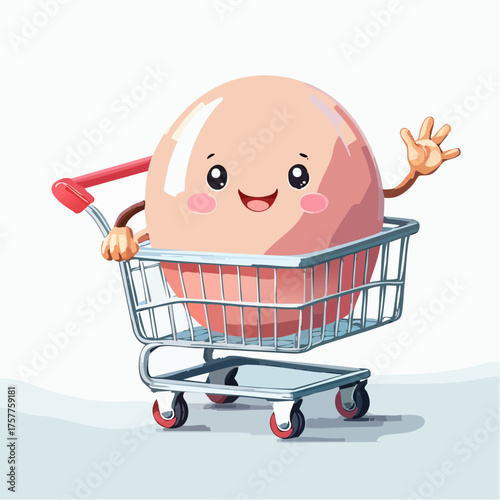Happy cartoon egg character in shopping cart with transparent background