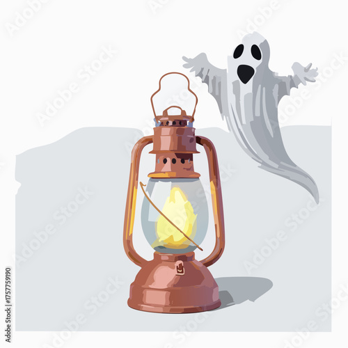 Spooky ghost and old lantern halloween concept