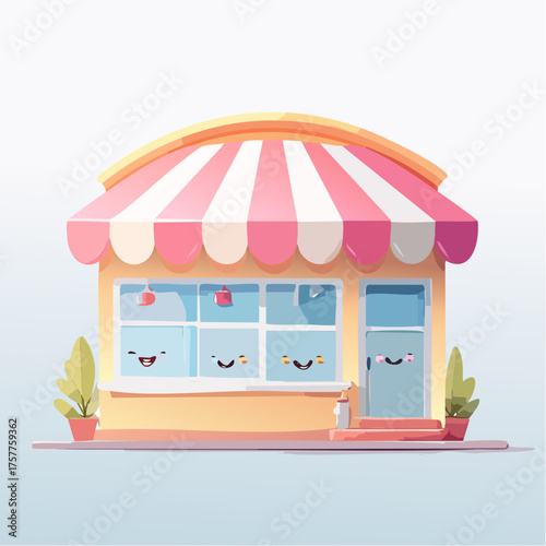 Small shop building exterior with pink awning