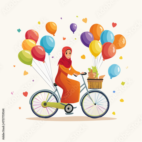muslim woman riding bicycle carrying balloons and produce