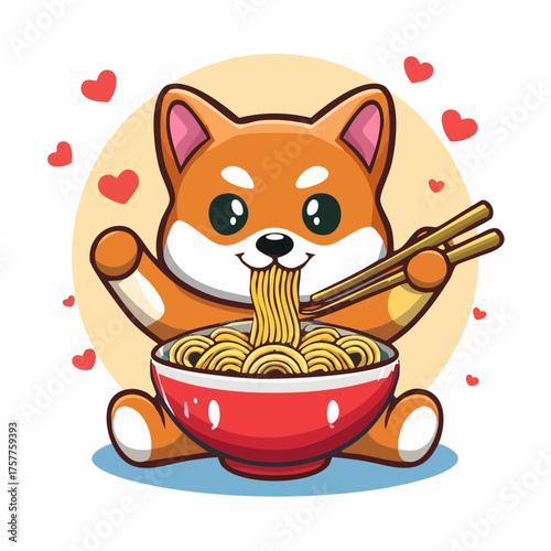 Shiba Inu dog eating ramen noodles with transparent background