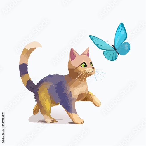 Cat looking at butterfly with transparent background