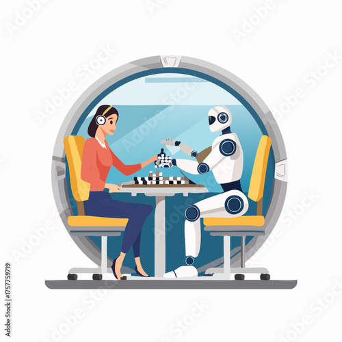 Woman and robot play board game with transparent background