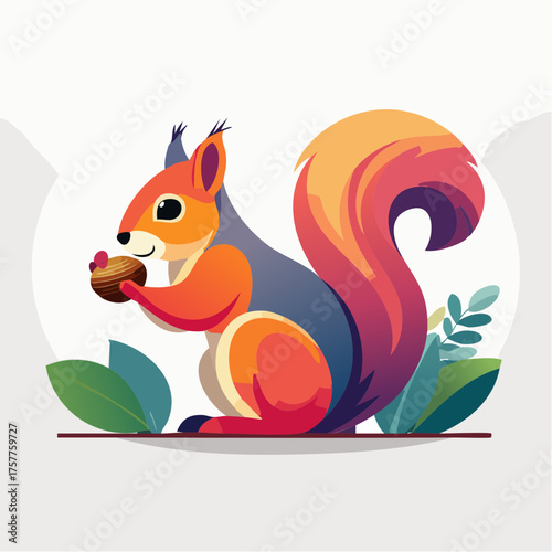 Colorful squirrel holding nut on white background