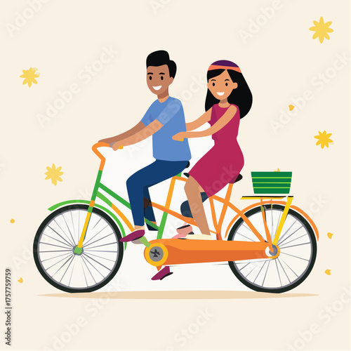 Young couple riding a tandem bicycle outdoor