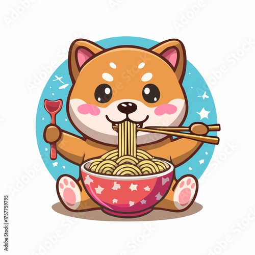 Shiba Inu dog eating ramen noodles with transparent background
