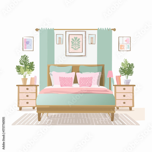 Cozy bedroom interior bed nightstand plants