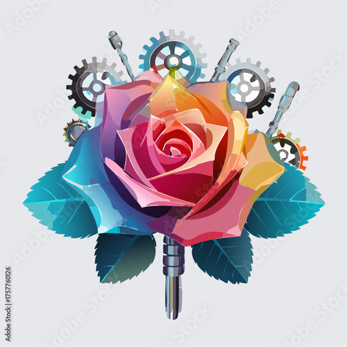 Colorful rose flower with mechanical gears and parts
