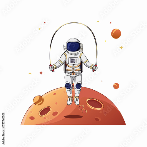 Astronaut jumping rope on planet with transparent background