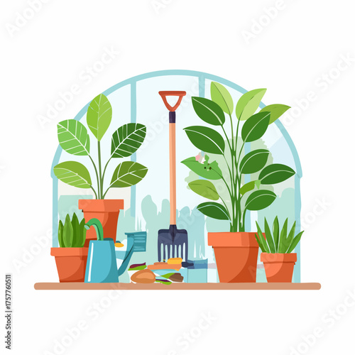 Potted plants and gardening tools on shelf in greenhouse