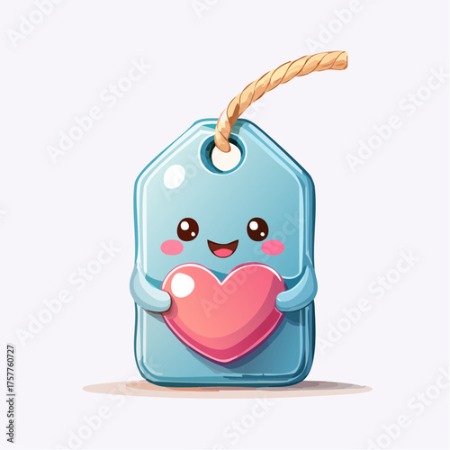 Blue tag with happy face holding heart with transparent background