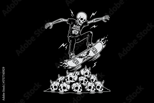 Monochrome illustration of a skeleton riding a rocket powered skateboard over a pile of skulls.
