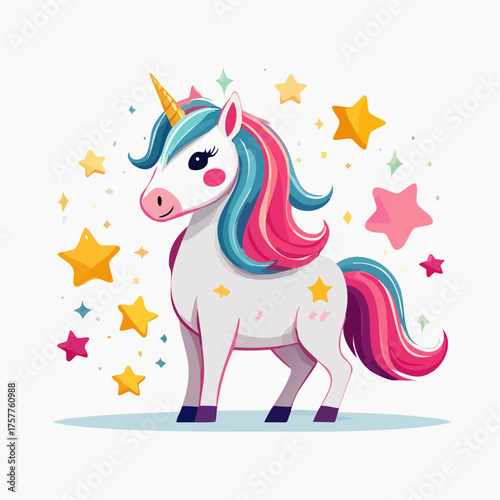 Unicorn with colorful mane and stars with transparent background