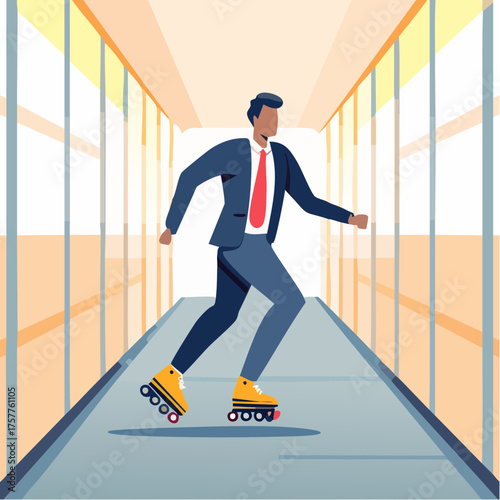 Businessman rollerblading through modern office hallway
