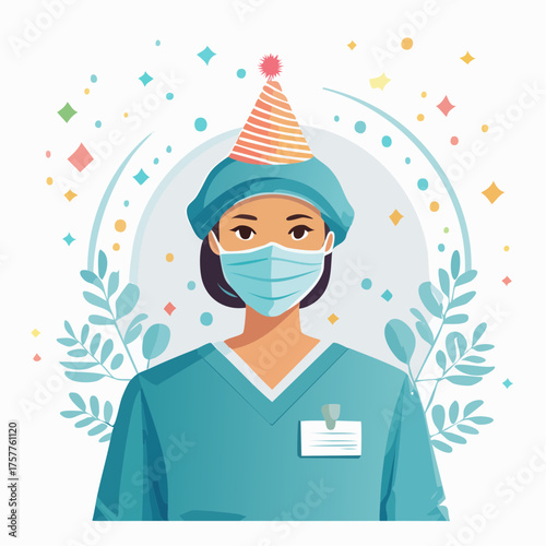Female healthcare worker celebrating wearing a party hat