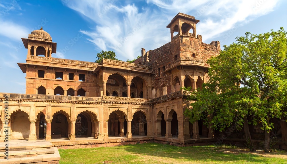Fototapeta premium Ancient stone palace courtyard under a partly cloudy sky