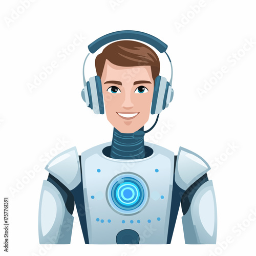 Human-faced robot wearing headset with transparent background