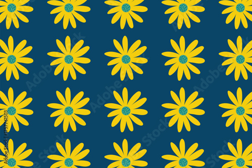 Cheerful yellow flower pattern on dark blue background springtime freshness