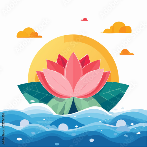 Lotus flower on water with sun and clouds