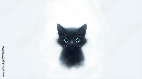 Charming black kitten with bright blue eyes sits surrounded by soft mist