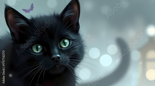 Cute black cat with bright green eyes and a butterfly on its head in a soft, dreamy background