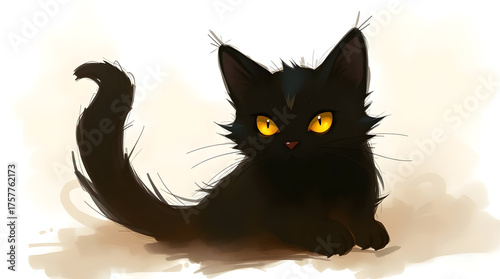 Watercolor painted black kitten with orange eyes lies on soft surface