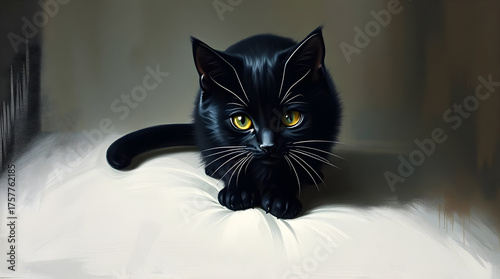 Playful black kitten with bright eyes exploring a cozy indoor space in the afternoon