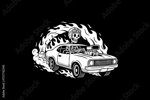 Monochrome illustration of a skeleton driving a flaming muscle car.