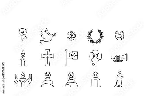 Minimalist Remembrance Day Icon Set: Poppy, Peace Dove, Candle, Laurel Wreath, and Bugle Mono-line Editable Stroke Vector Collection.	