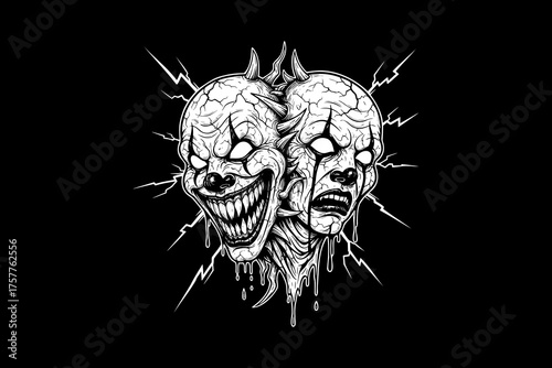 Sinister conjoined twin clown heads with laughing and crying faces.