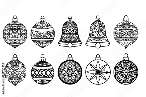 Ornate Christmas Ornament Silhouette Shapes for Laser Cutting: Set of Detailed Baubles, Bells, and Stars Optimized Vinyl Decal Vector.	