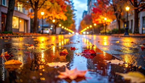  Urban Street with Autumn Reflections at Dusk