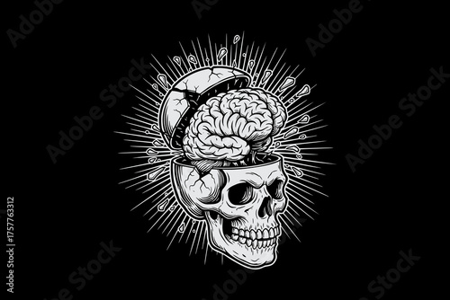 Monochrome illustration of a human skull with an open cranium revealing the brain.