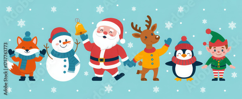 Festive Christmas characters including Santa Claus reindeer and snowman cute vector illustration for holiday designs and greeting cards