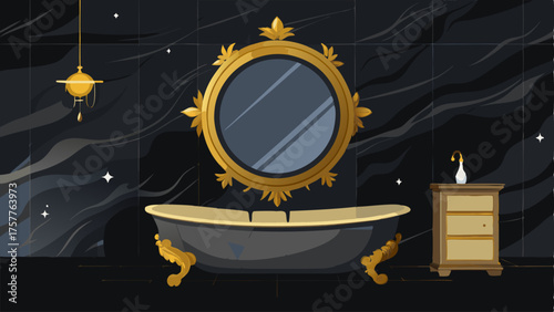 A dark dramatic bathroom with black marble walls an ornate gold mirror and a clawfoot bathtub.