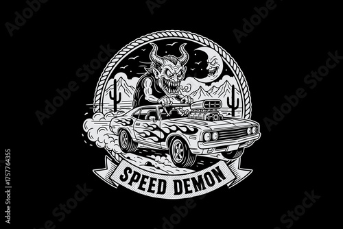 Monochrome illustration of a speed demon driving a classic muscle car.