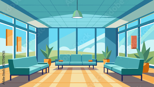 A bright and spacious waiting room with large windows and natural lighting.