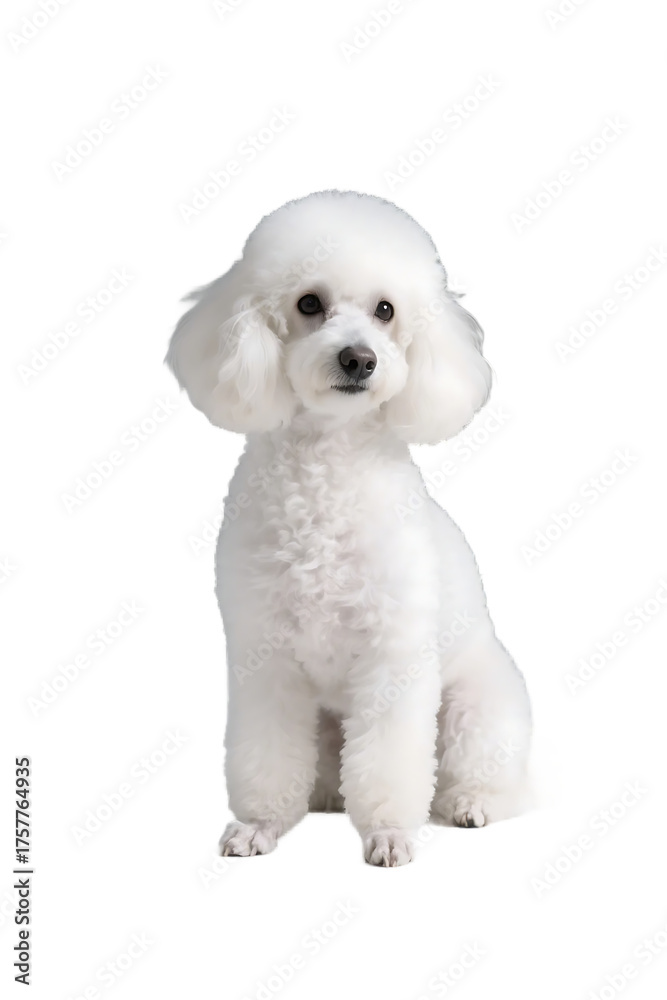 Obraz premium A white poodle with fluffy fur is sitting upright on a plain white background, looking cute and well-groomed.