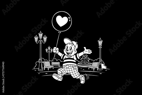 Vintage cartoon boy character happily holding a heart balloon.