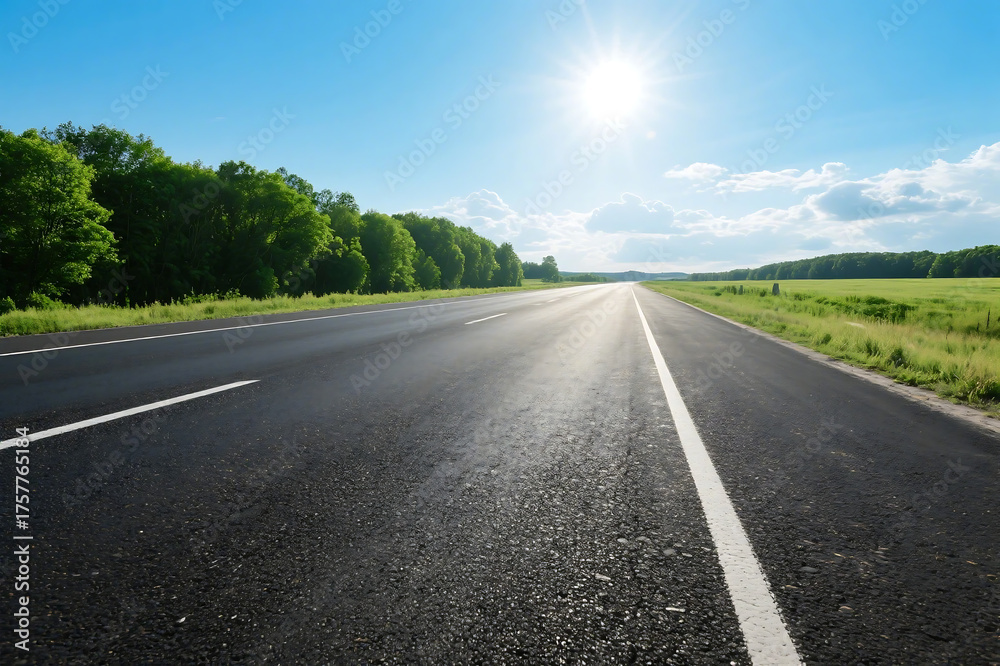 Obraz premium A sunny asphalt road stretches ahead with green trees lining both sides under a clear blue sky.