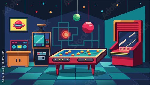 A game room with a vintage pinball machine a futuristic foosball table and a retro arcade game console.