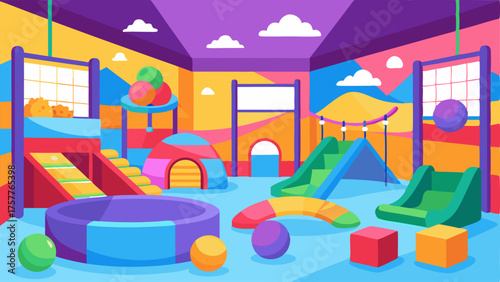 A colorful indoor playground area filled with play structures climbing walls and foam pits for children to explore and play on.