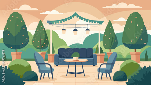 A cozy and inviting outdoor space with a modern seating area and traditional garden elements like topiaries and trellises.